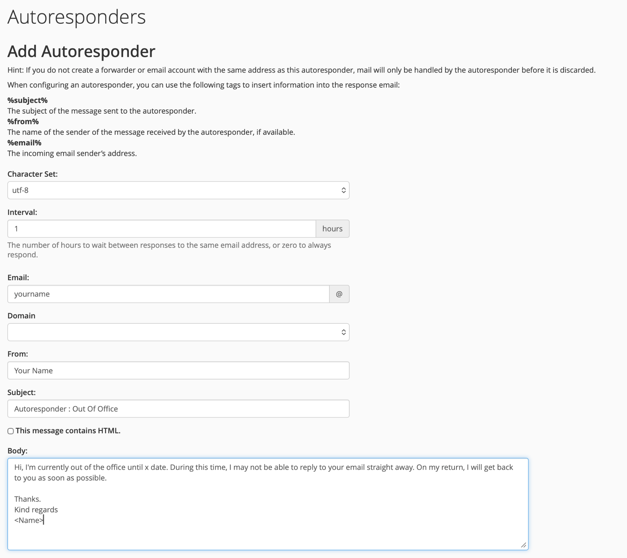 Example cPanel Add Autoresponder settings screen with identifying domain information removed