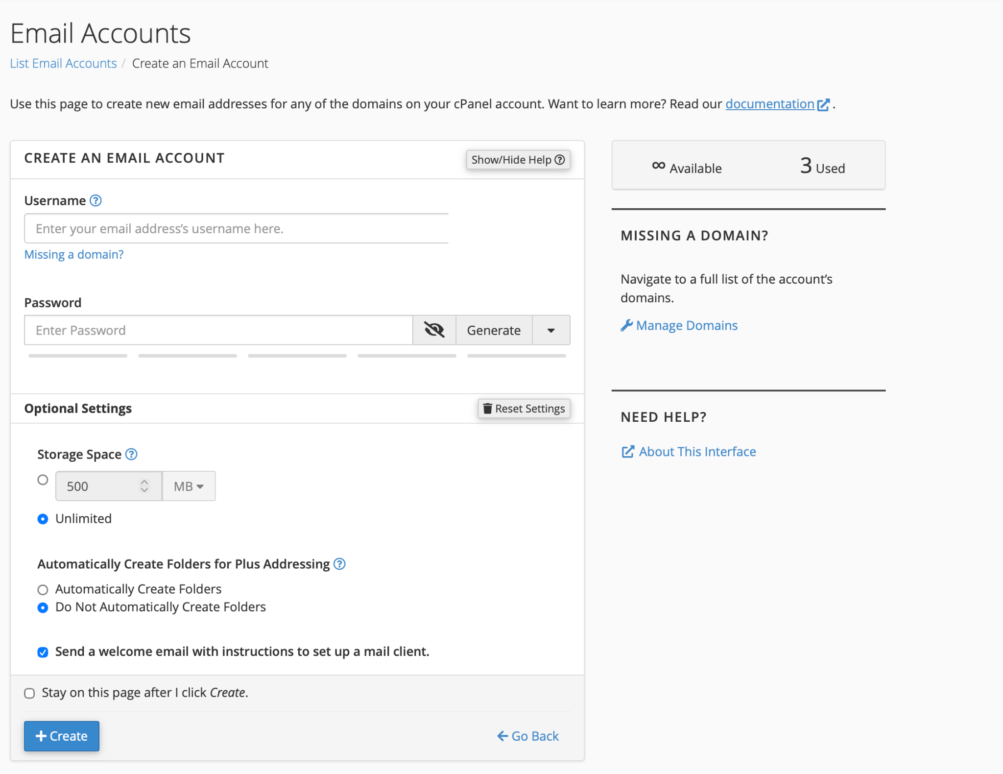 Example cPanel Create an Email Account screen with identifying domain information removed
